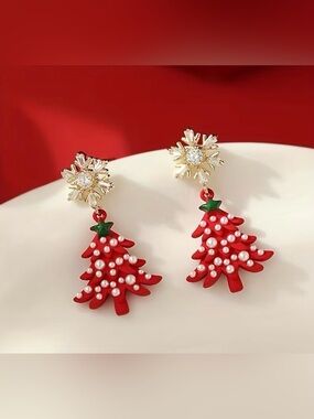 Holiday Red Christmas Tree Drop Earrings with Pearl Accents
